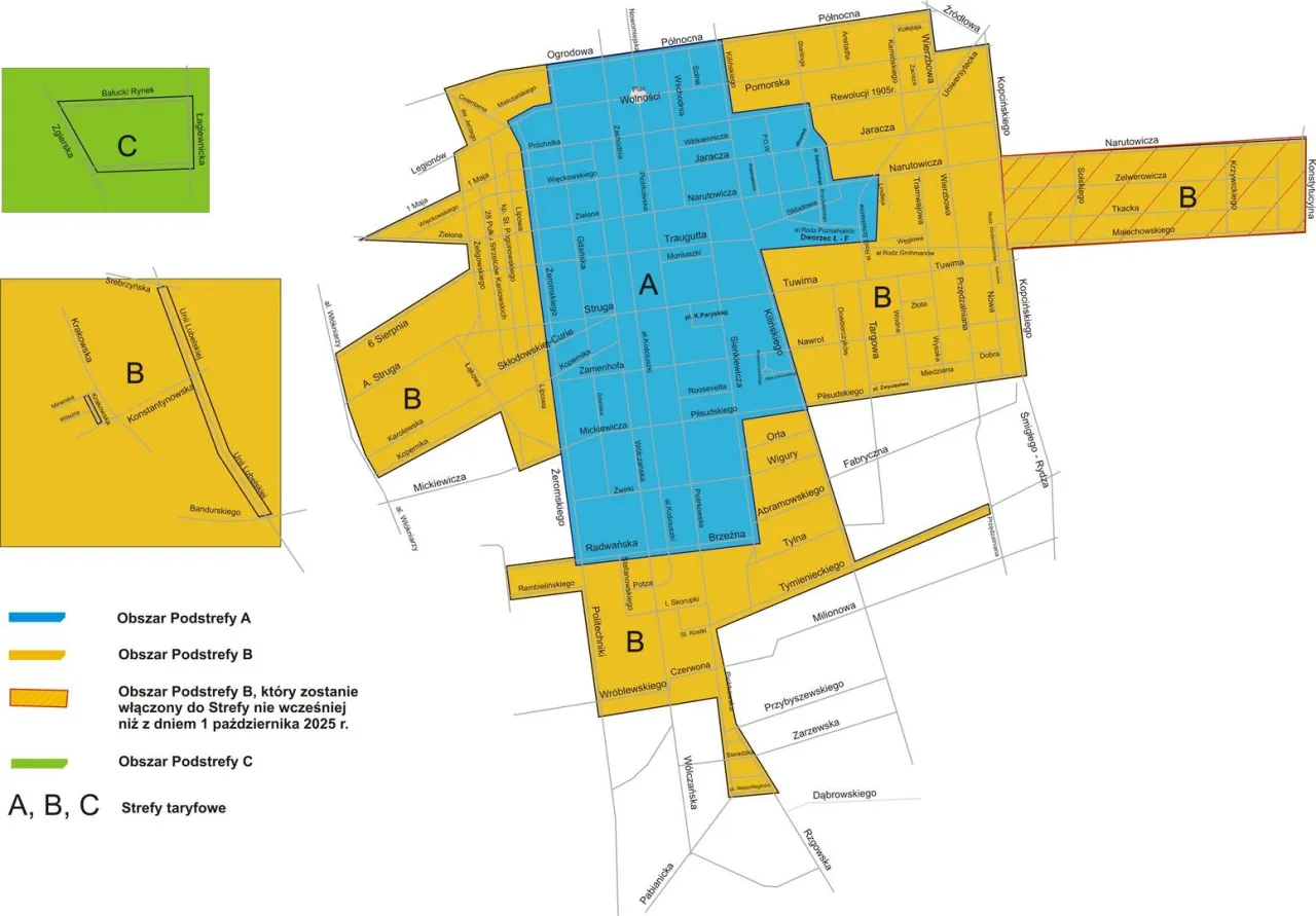 Mapa przedstawia podział na strefy taryfowe A, B, C w różnych dzielnicach Łodzi, z zaznaczonymi ulicami i obszarami.