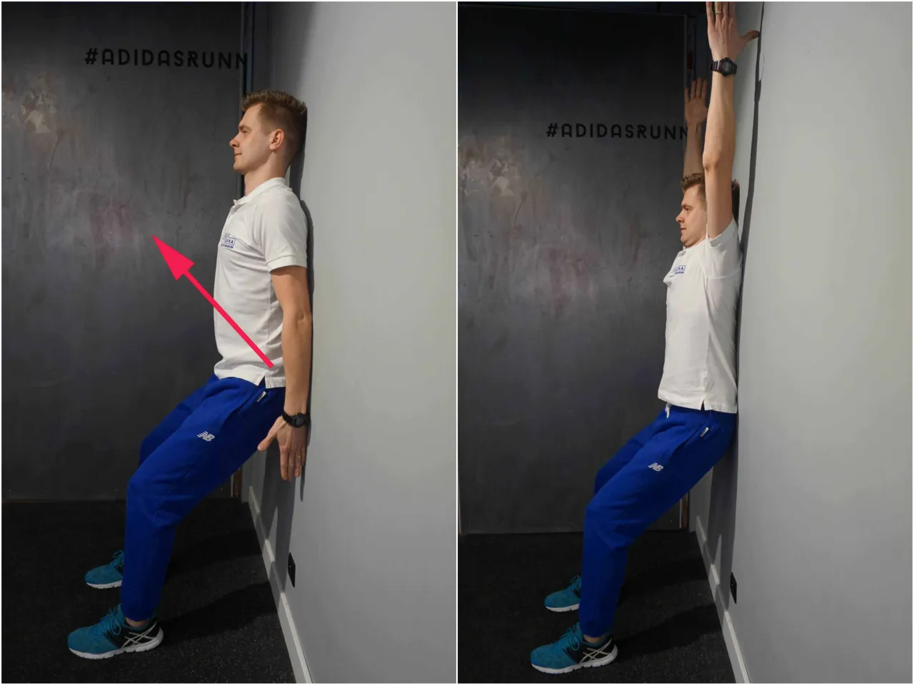 Mężczyzna wykonuje ćwiczenia na kręgosłup piersiowy przy ścianie. Unosi ręce nad głowę, angażując mięśnie grzbietu.