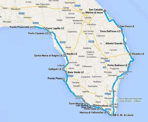 Mappa turistica della costa pugliese con Ionio e Adriatico