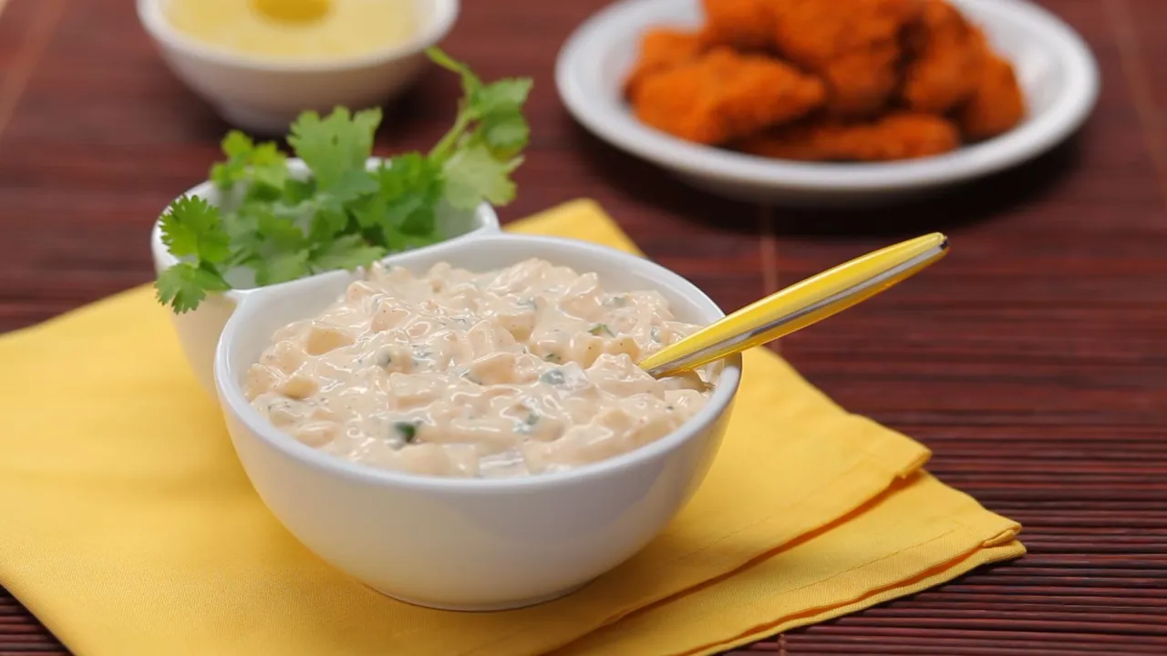 Kremowy sos azjatycki z kawałkami warzyw i kolendrą, idealny do dipowania.