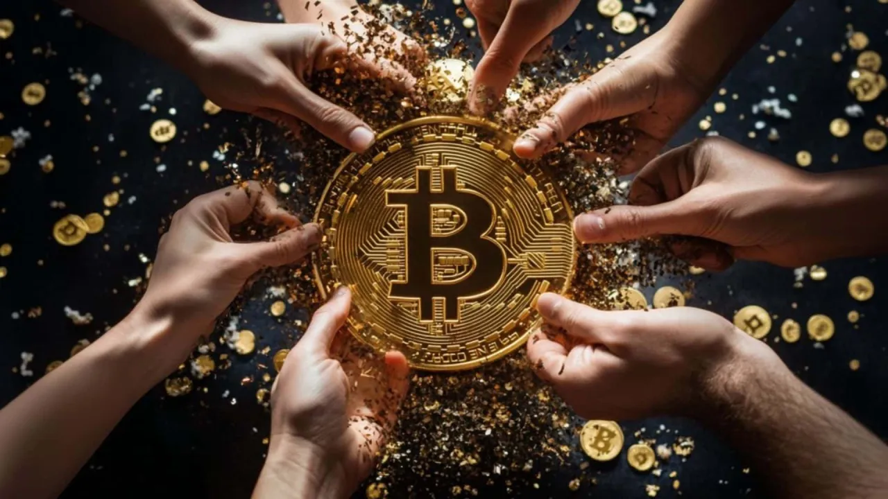 Dłonie trzymają złoty Bitcoin, rozsypując wok&oacute;ł niego błyszczący pył. Kluczowe pytanie: kiedy kupować kryptowaluty, a kiedy sprzedawać?