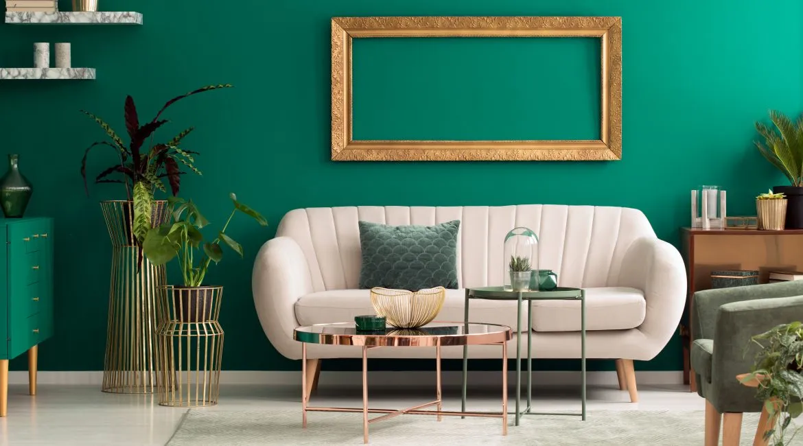 modne kolory ścian salon z kuchnią zieleń błękit terakota