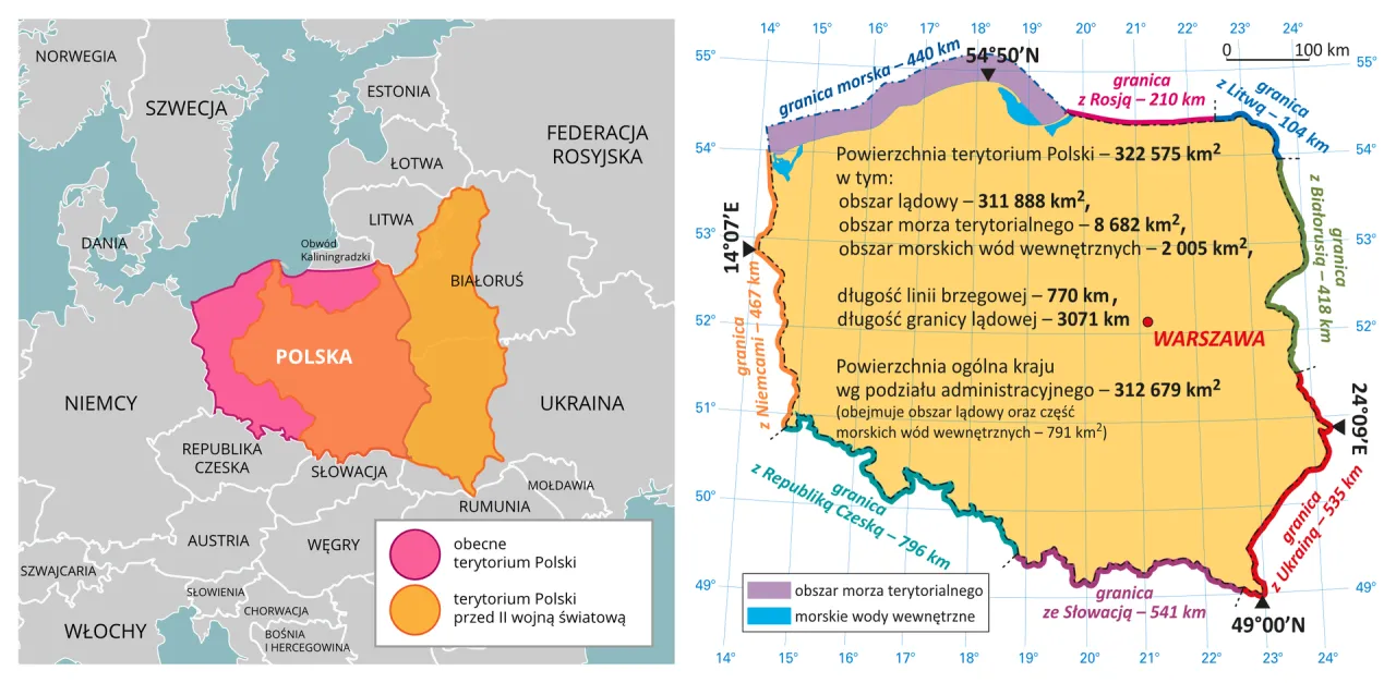 Mapa Europy z zaznaczoną Polską. Pokazuje obecne terytorium Polski i obszar sprzed II wojny światowej.
