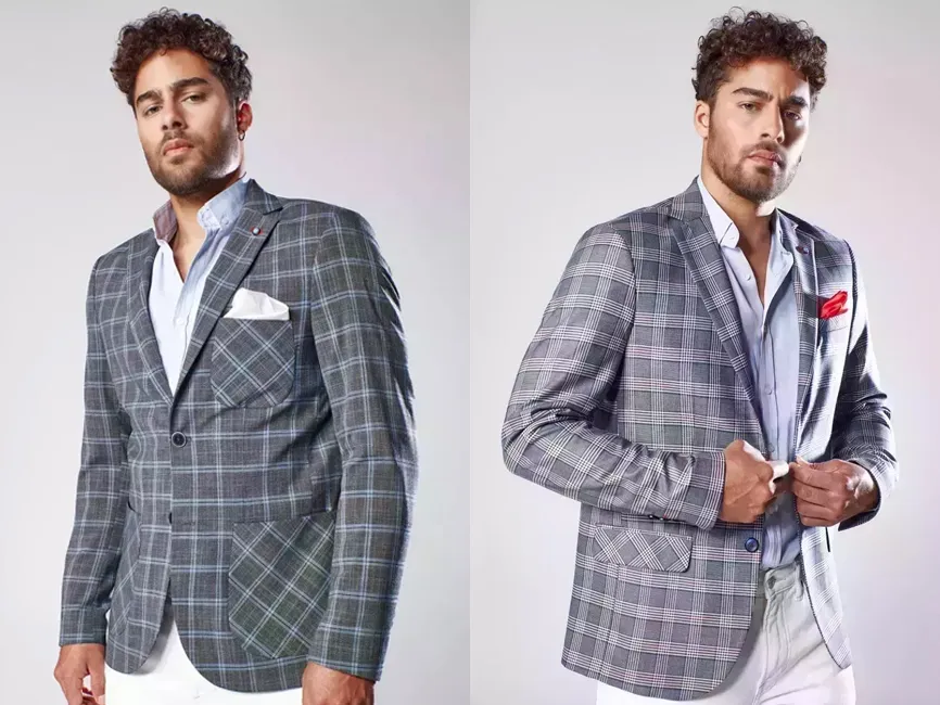 Mężczyzna w jasnej marynarce i koszuli, przykłady kontrastu i harmonii kolorów