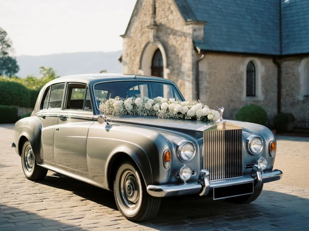 zabytkowe auto do ślubu w stylu retro na tle pałacu