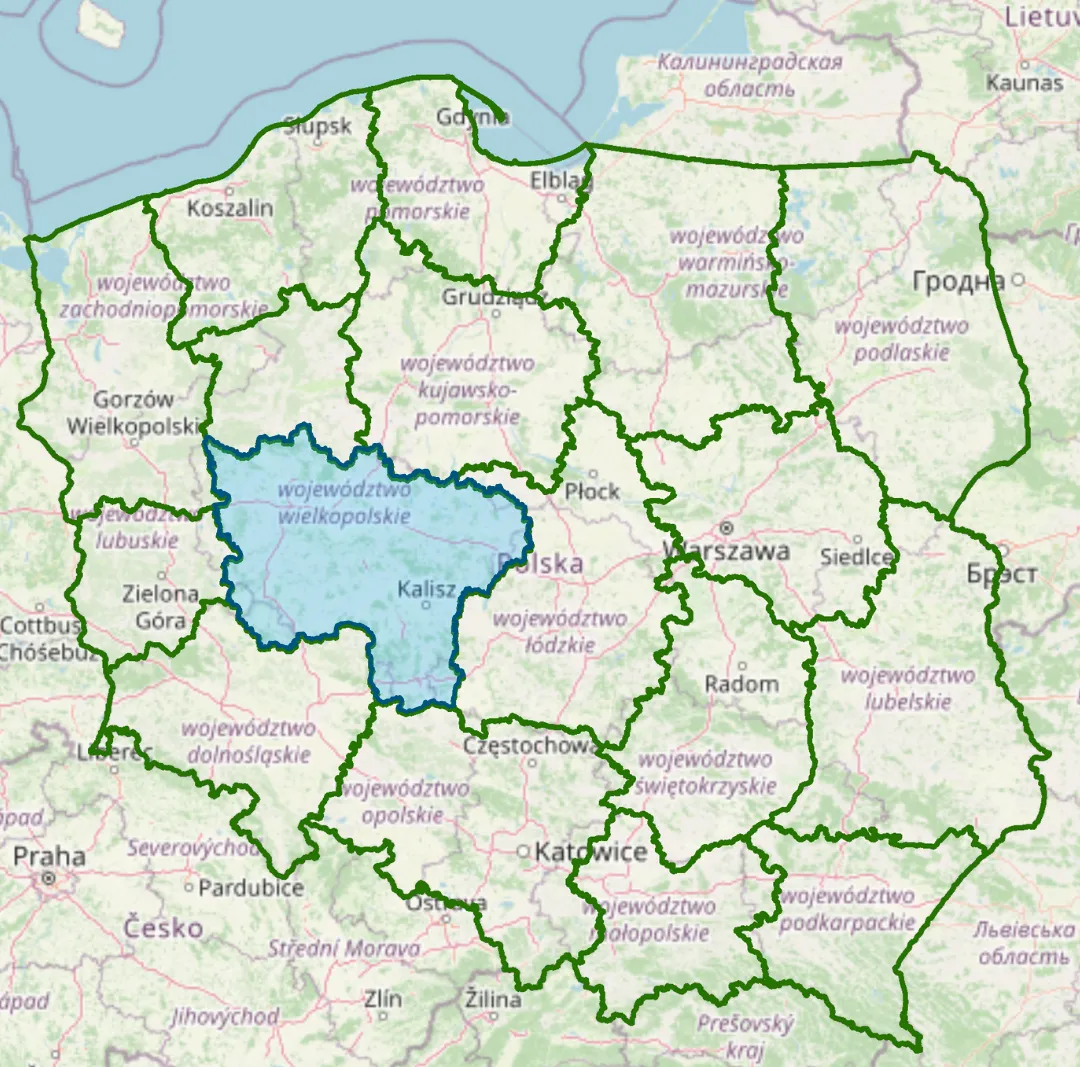 Mapa Wielkopolski z zaznaczonymi łowiskami