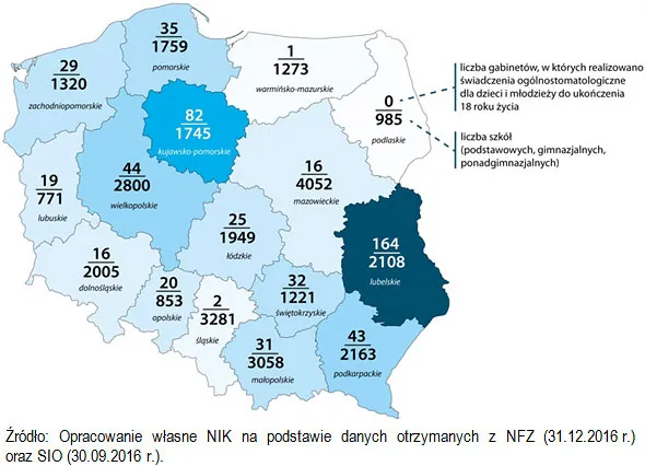 Mapa Polski czas oczekiwania dentysta NFZ województwa