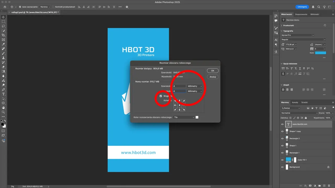 Photoshop rozmiar obszaru roboczego dodawanie spadów