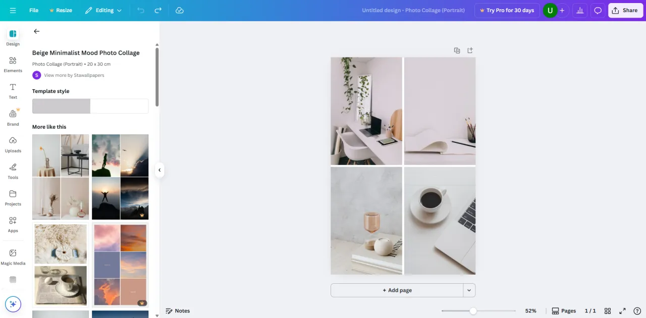Jak zrobić kolaż zdjęć na komputerze? Widok edytora Canva z szablonem kolażu zdjęć i opcjami projektowania.