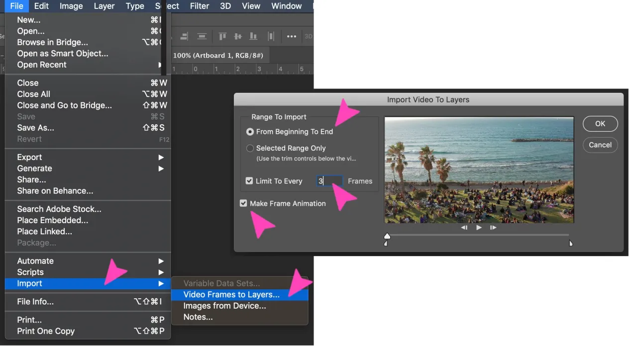 photoshop import video frames to layers