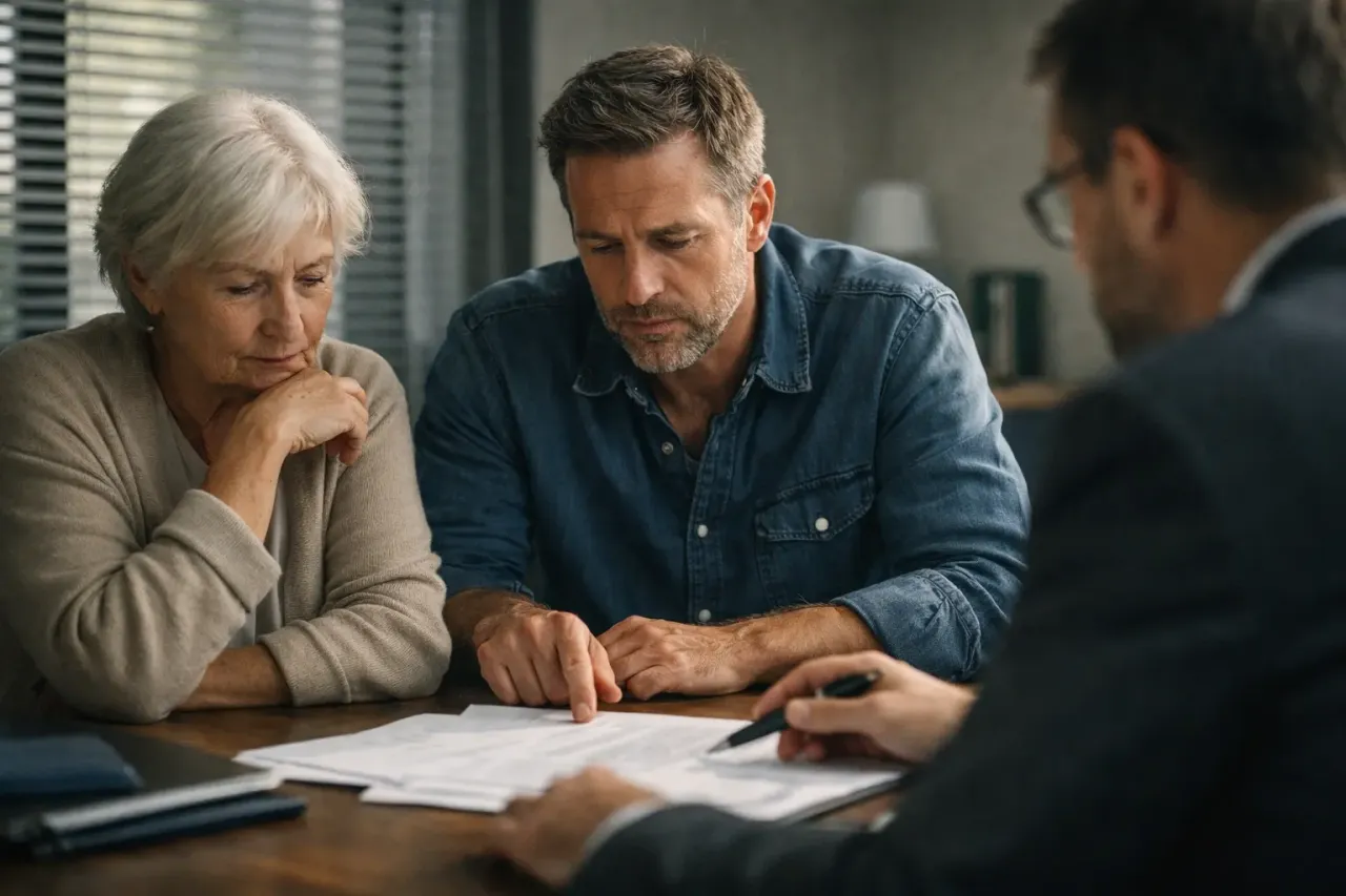 Starsze małżeństwo z prawnikiem omawia umowę dożywocia. Prawnik wskazuje na dokument, wyjaśniając co to jest umowa dożywocia.