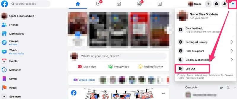 Facebook desktop logout button location