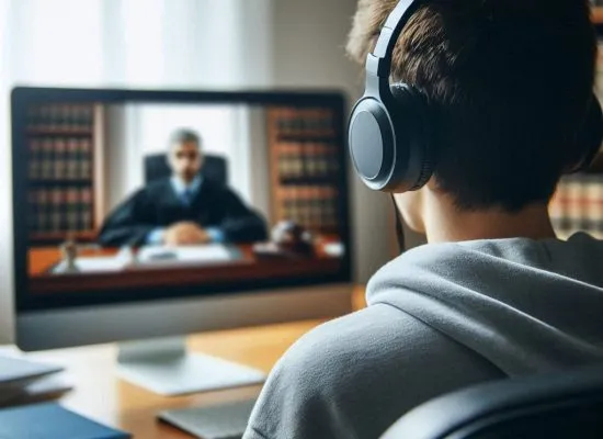 osoba uczestnicząca w rozprawie online, wideokonferencja sądowa, przygotowanie do rozprawy zdalnej