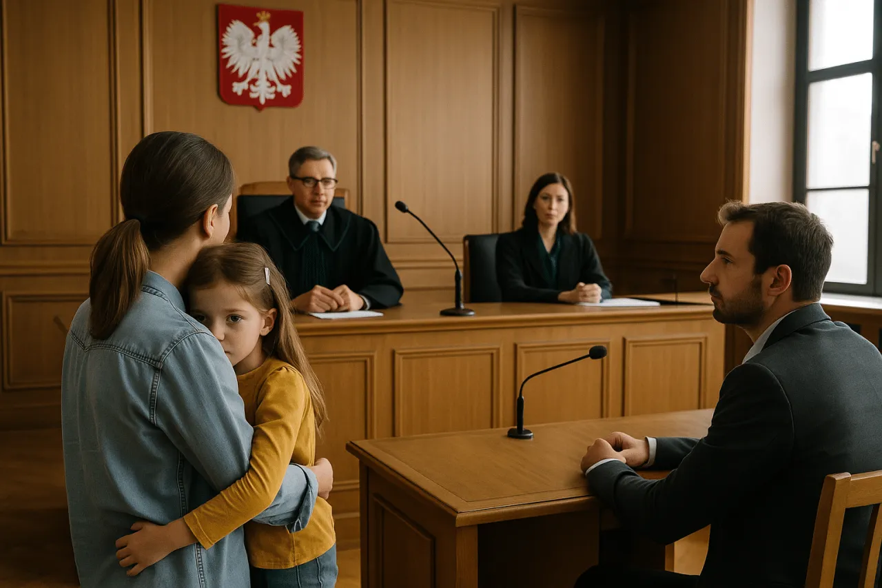 Rodzice z dzieckiem w sądzie rodzinnym