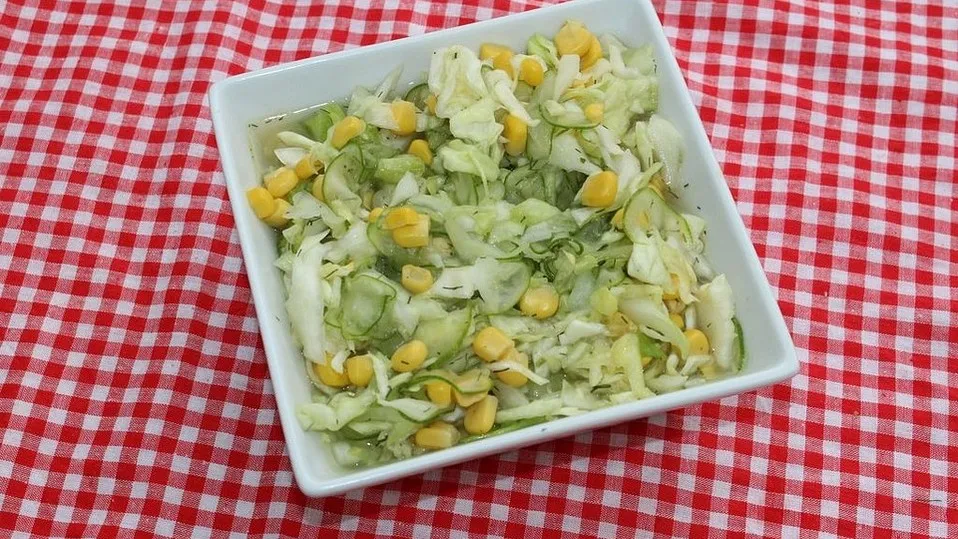 Fein gehackter Weißkohl Gurke Frühlingszwiebeln