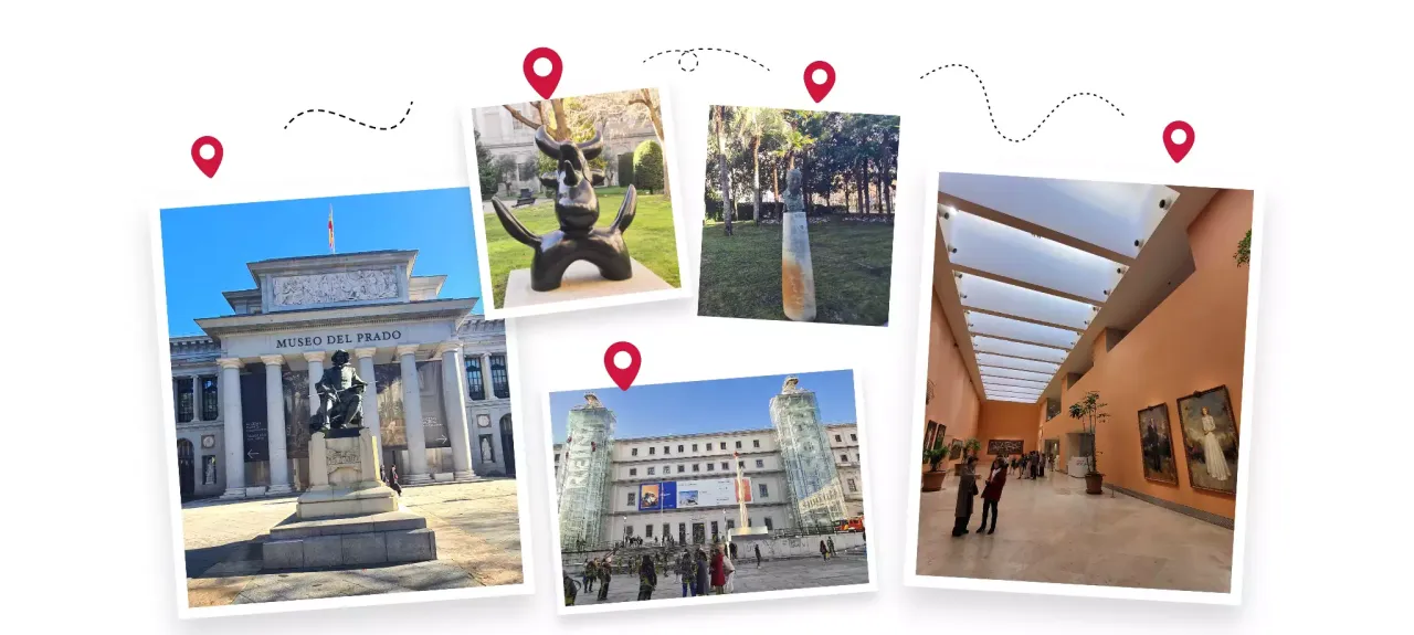 Wizyta w muzeum sztuki w Madrycie: imponująca fasada Prado, rzeźby w ogrodzie i wnętrza pełne dzieł.