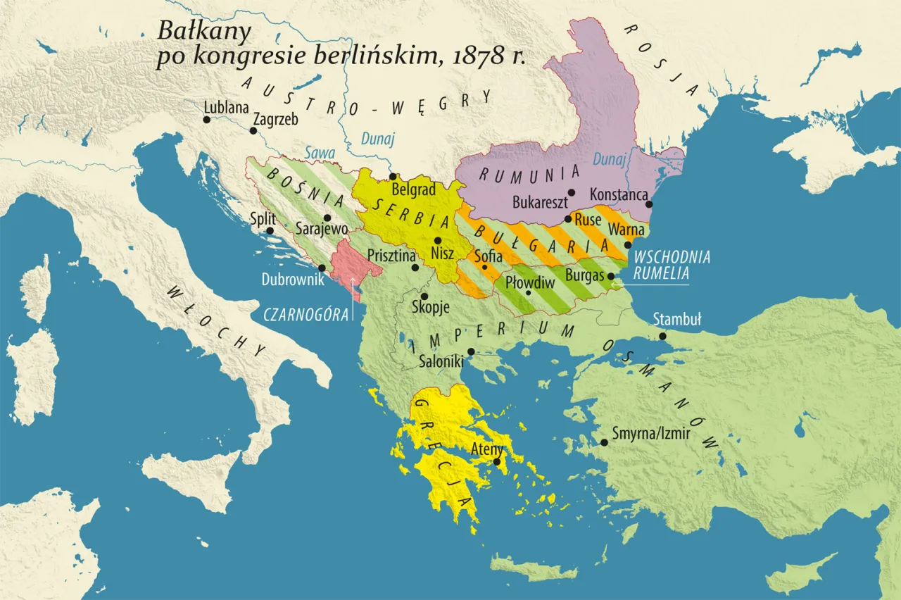 Mapa Bałkan&oacute;w po kongresie berlińskim w 1878 r. pokazuje, jak wyglądał wtedy kocioł bałkański.