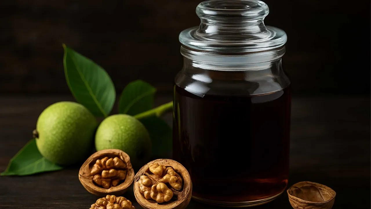 Zielone orzechy włoskie, idealne do nalewki, zbiera się latem. Obok słoik z ciemnym płynem.