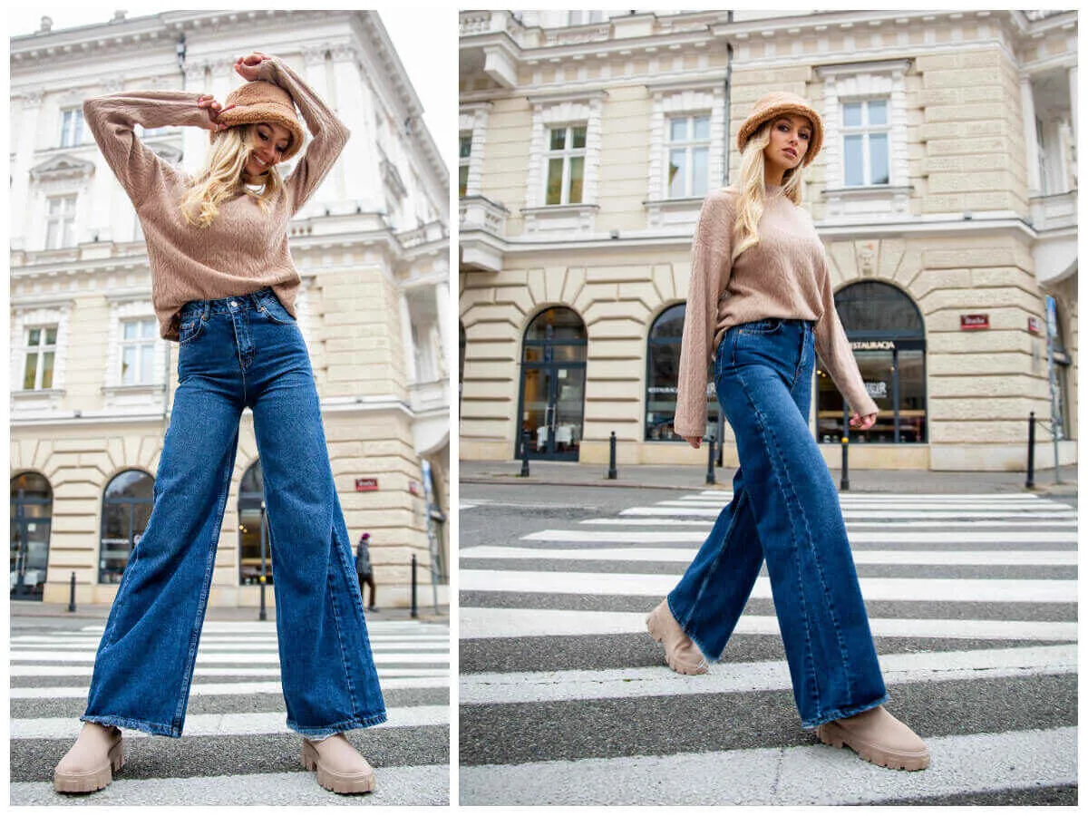 dopasowana bluzka szerokie jeansy stylizacje