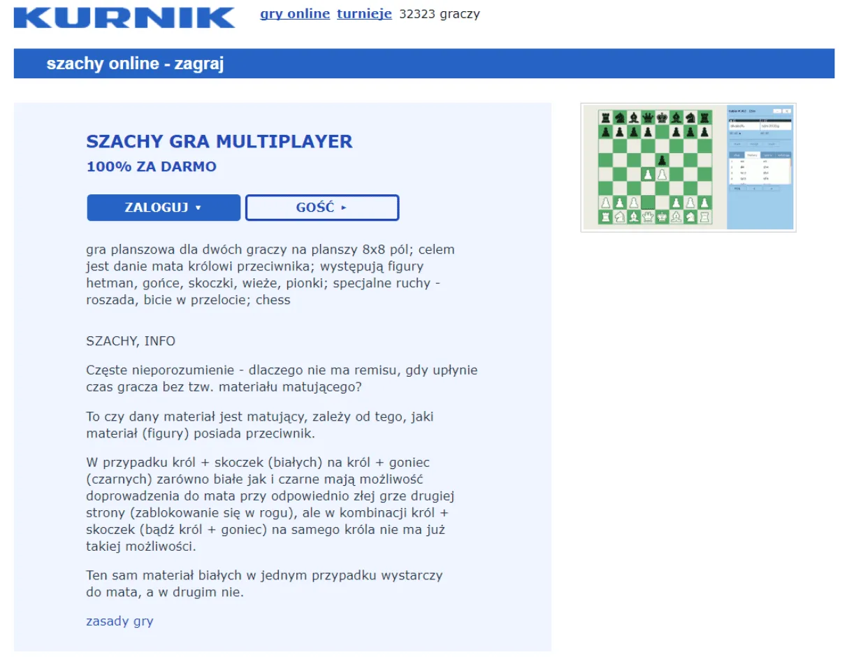 Kurnik.pl interfejs gry w szachy