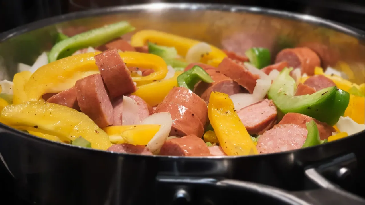 Szybkie i tanie danie na obiad: kiełbasa z papryką i cebulą na patelni. Kolorowe warzywa i sycąca kiełbasa.