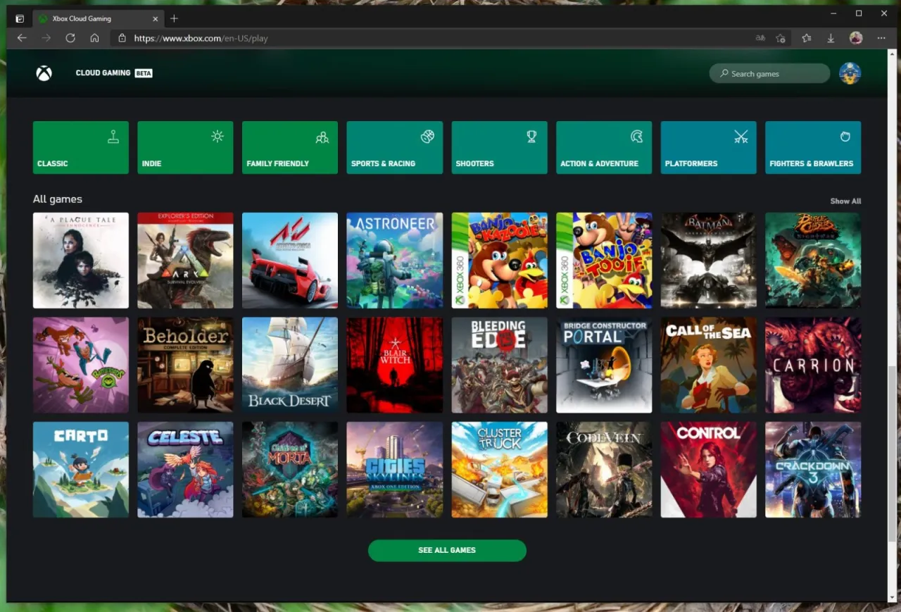 Xbox Cloud Gaming interfejs gra na PC