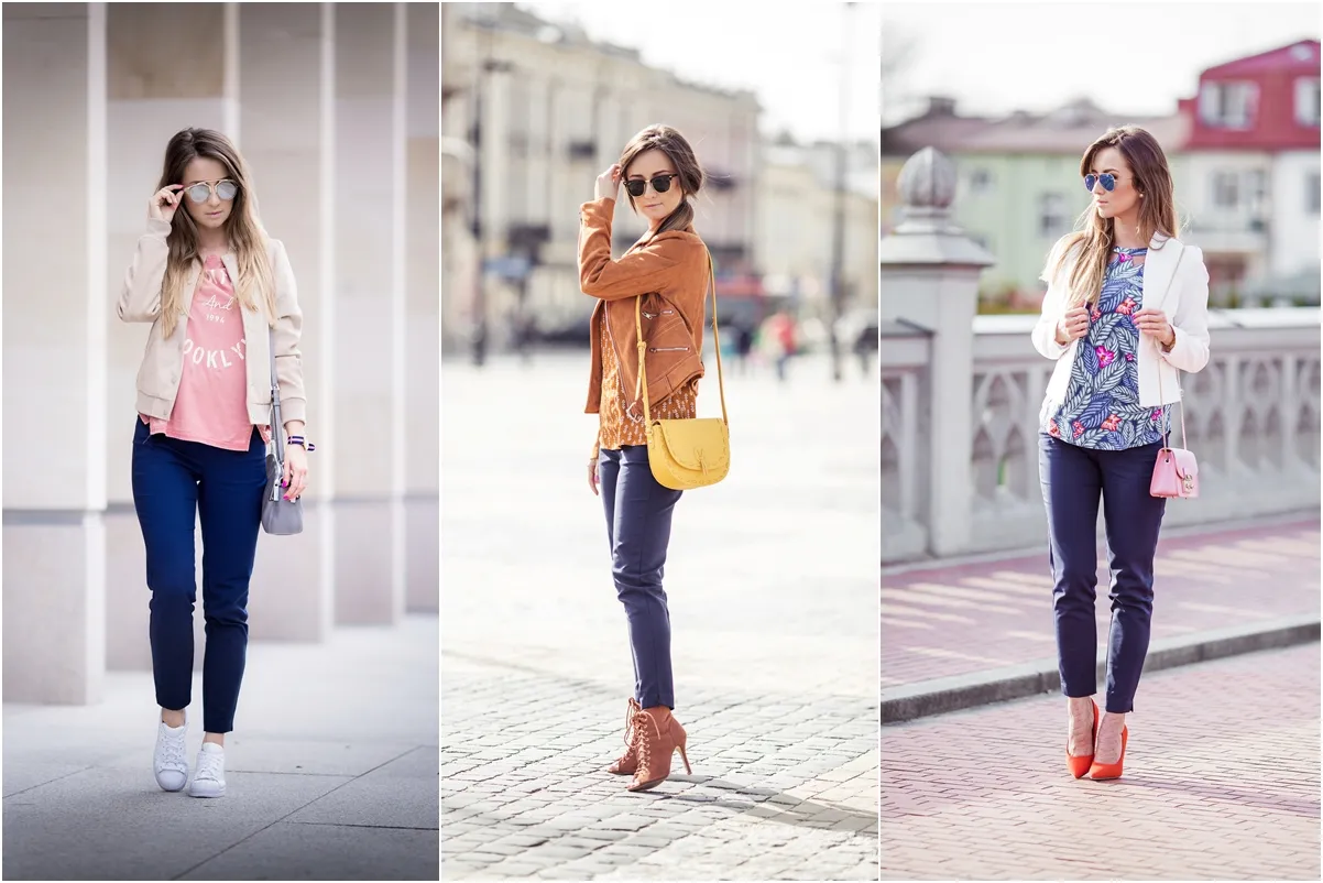 Granatowe spodnie stylizacje do pracy