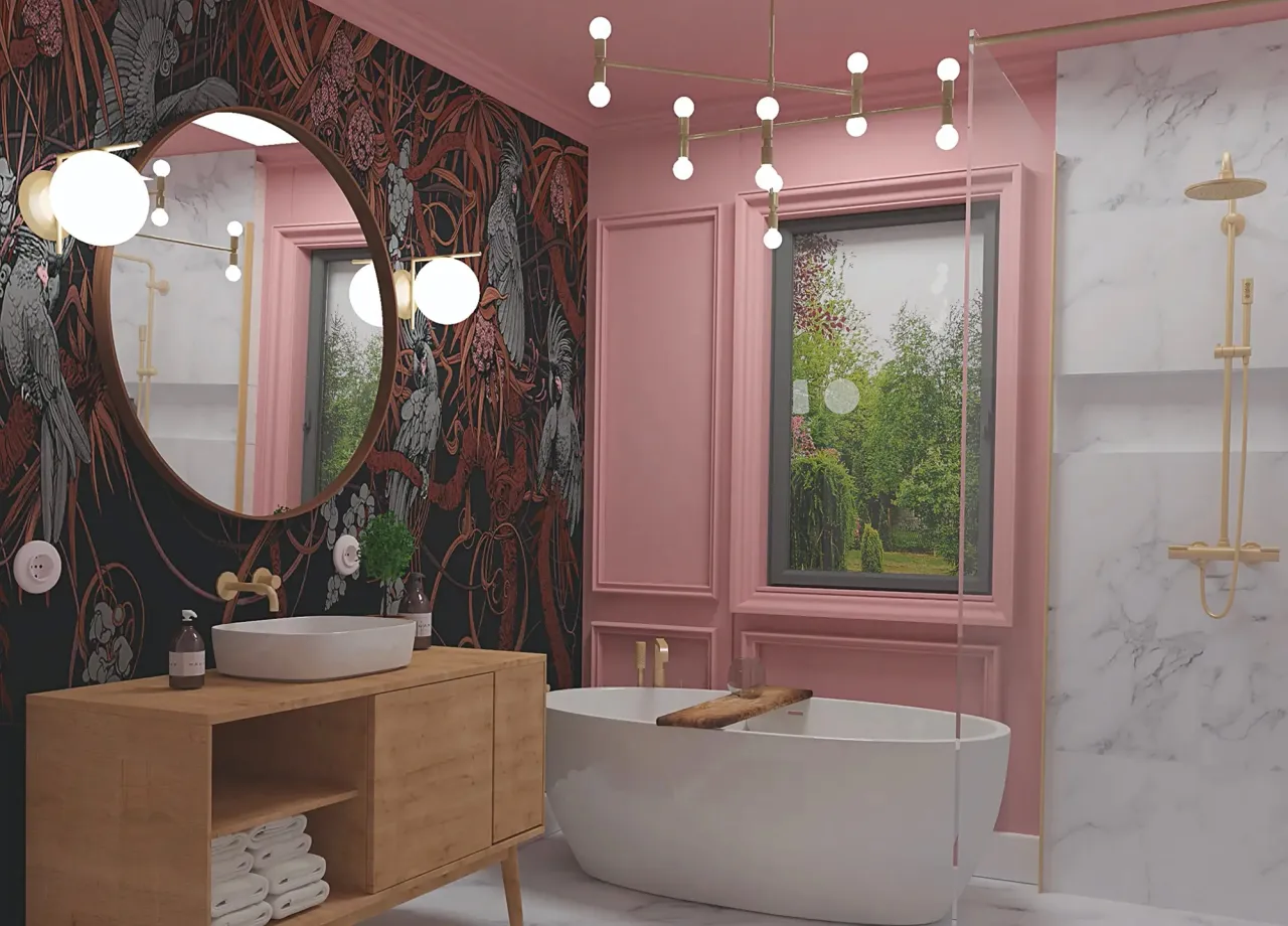 Nowoczesny salon z kolorowym sufitem inspiracje