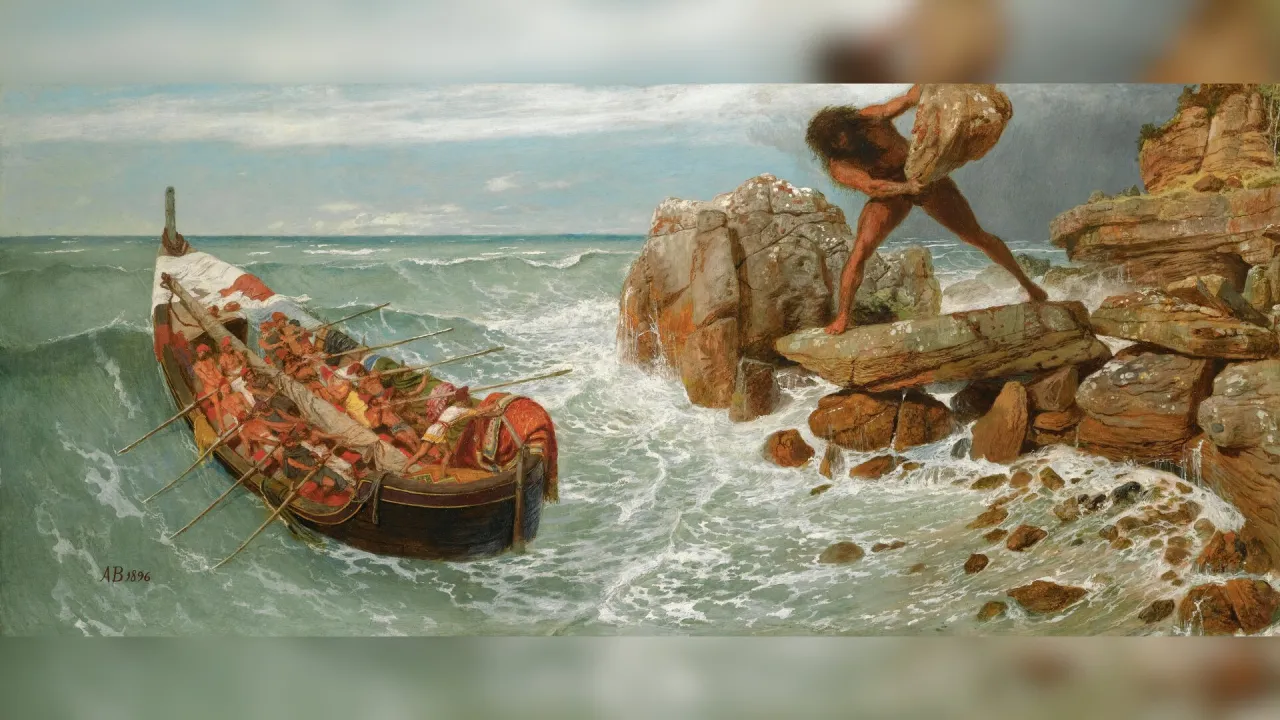 Cyklop Polifem rzuca głazem w ł&oacute;dź Odyseusza, scenę z mitu o Odyseuszu, opisanego przez Parandowskiego.