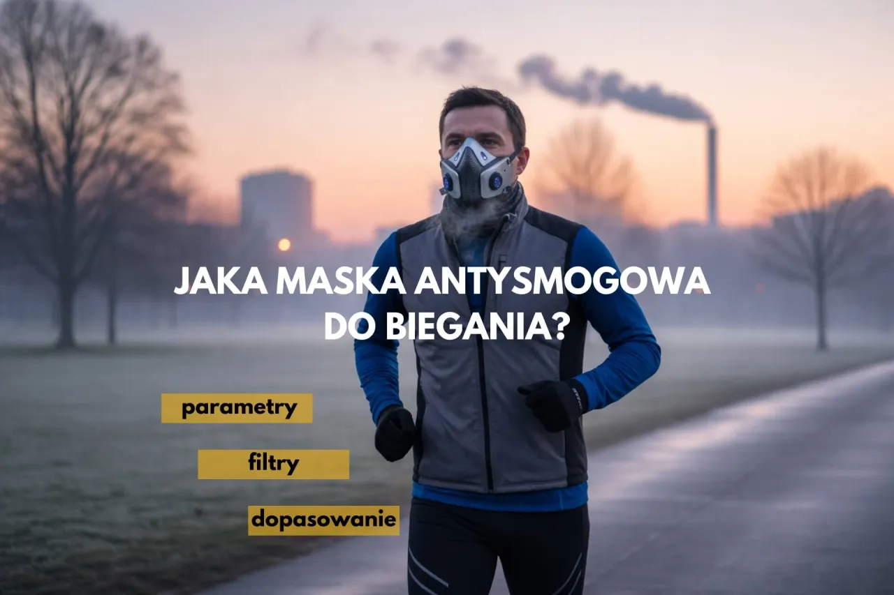 Biegacz w masce antysmogowej, zastanawiający się, czy maseczki chronią przed smogiem. Tekst: 