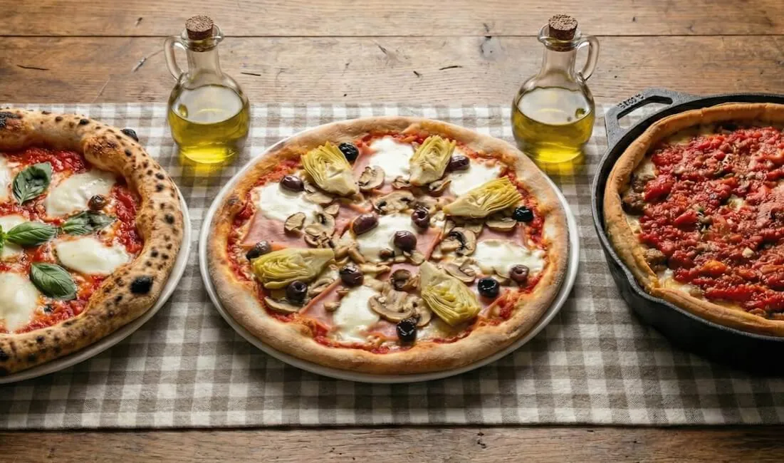 R&oacute;żne style pizzy: neapolitańska, rzymska, nowojorska