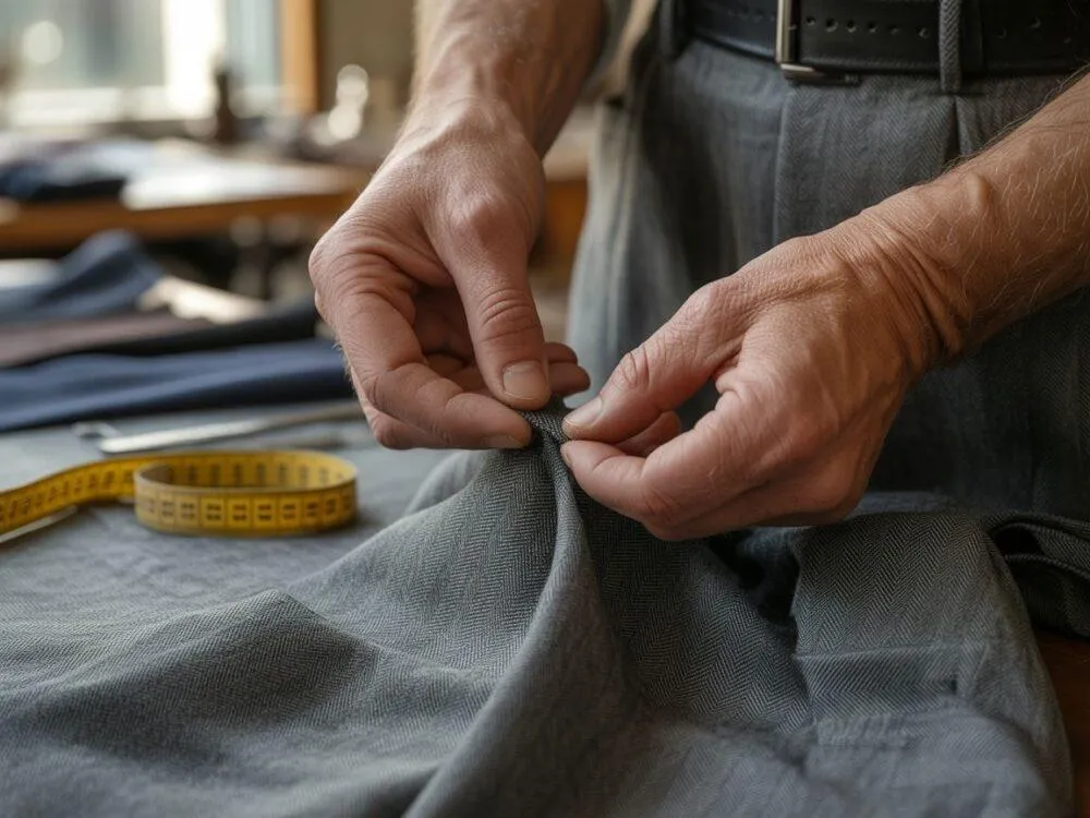 krawiec przy pracy poprawiający spodnie