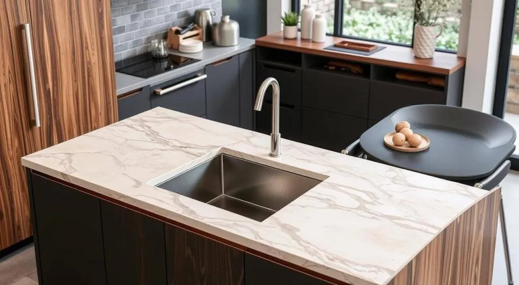 przykłady blatów do zlewu podwieszanego w kuchni