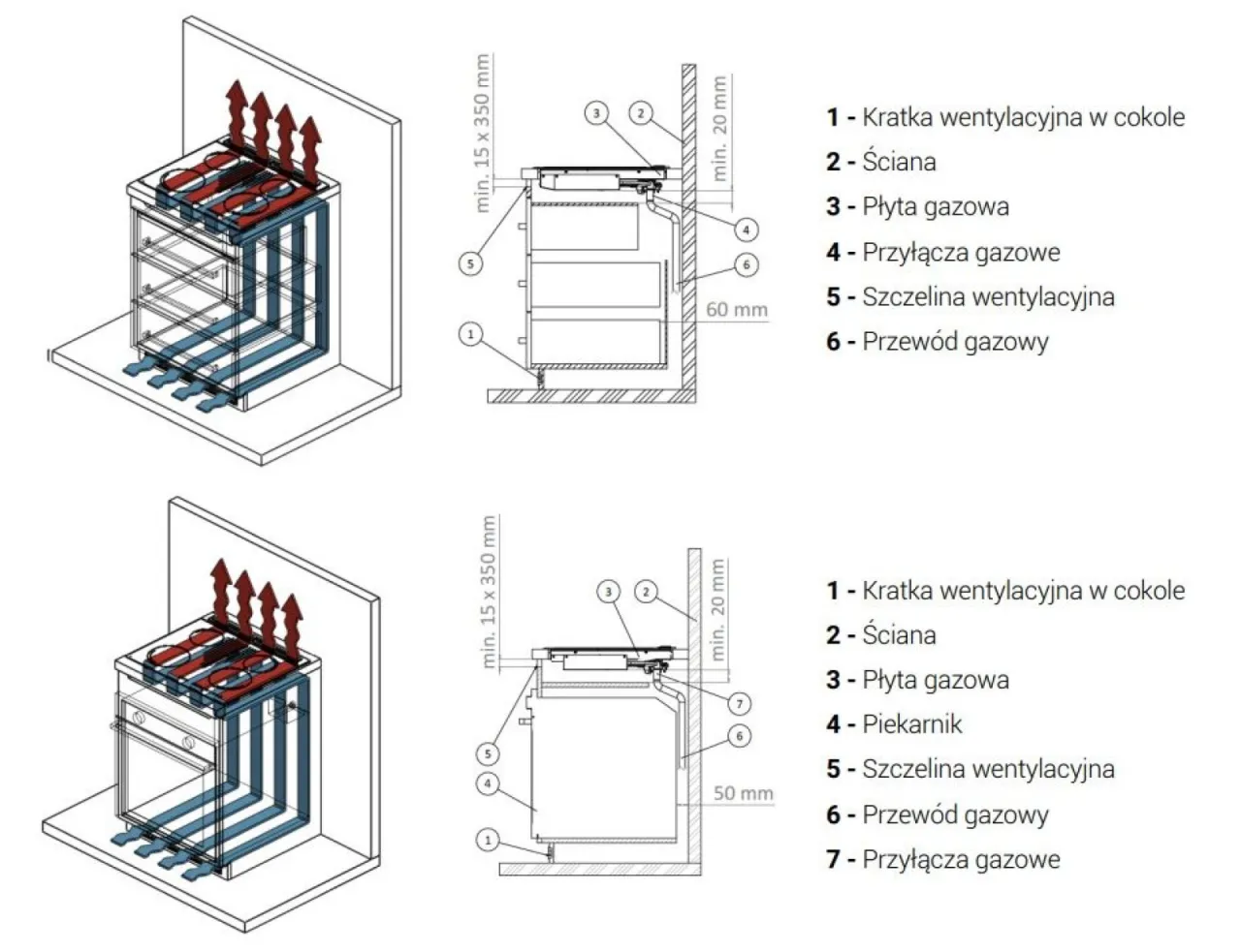 Schemat montażu płyty gazowej nad piekarnikiem elektrycznym. Wskazane wymiary i elementy instalacji, w tym kratki wentylacyjne i przyłącza gazowe.