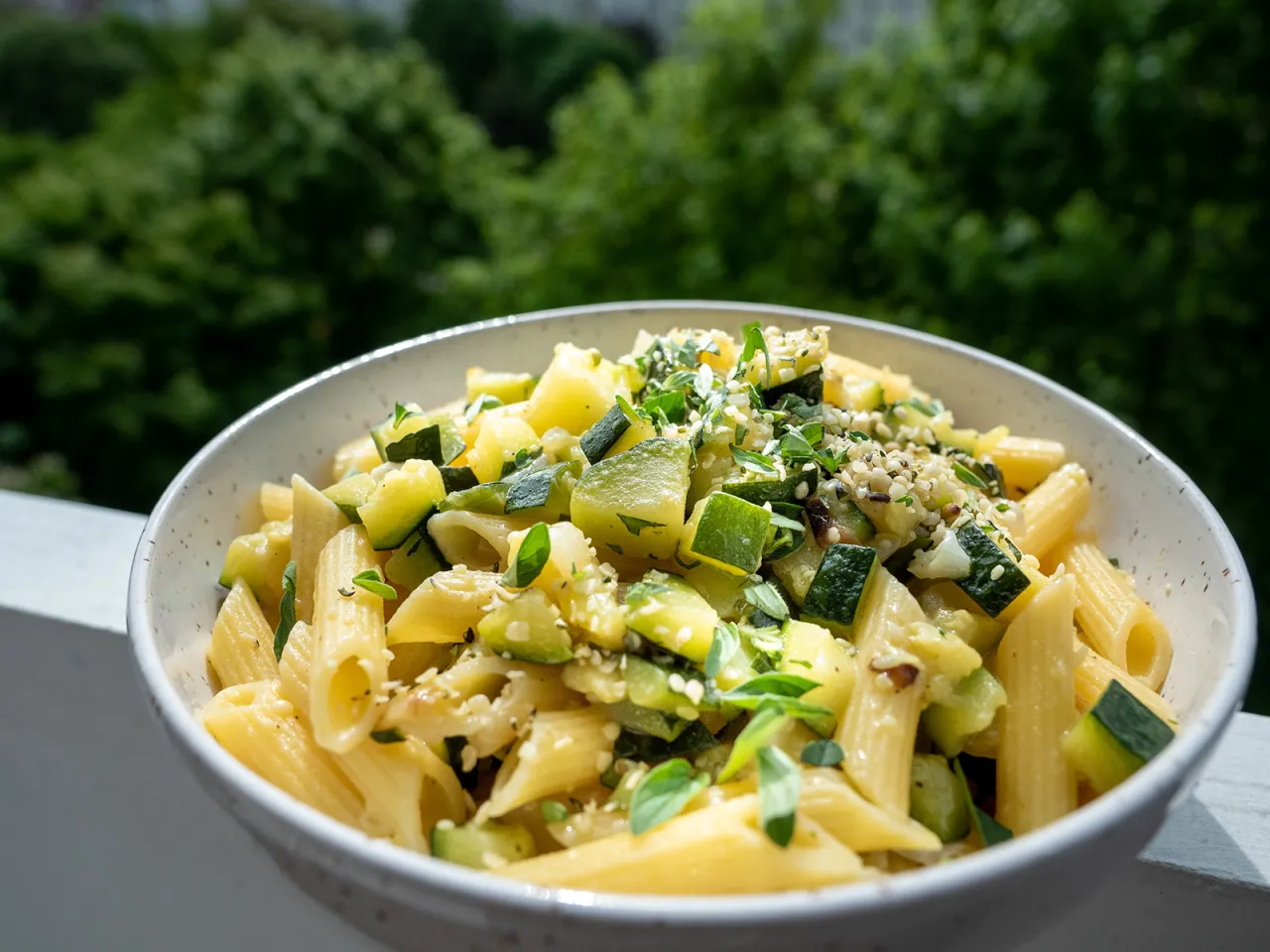 świeże składniki na makaron z cukinią: cukinia, czosnek, parmezan, makaron penne