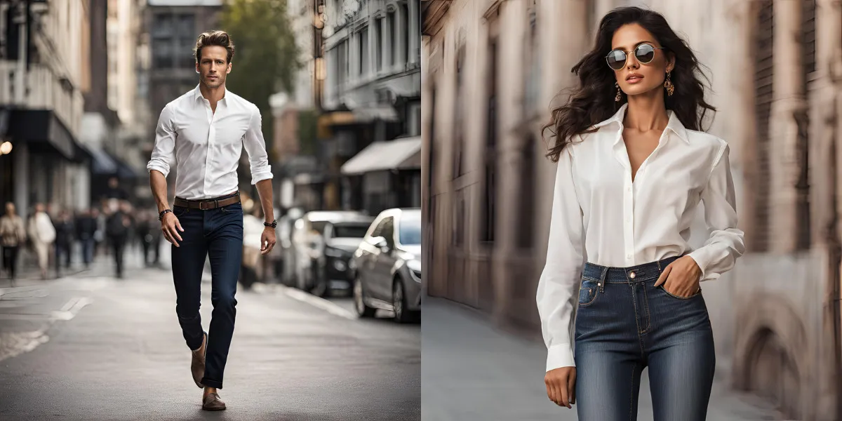 kobieta mężczyzna koszula dżinsy stylizacje klasyczne