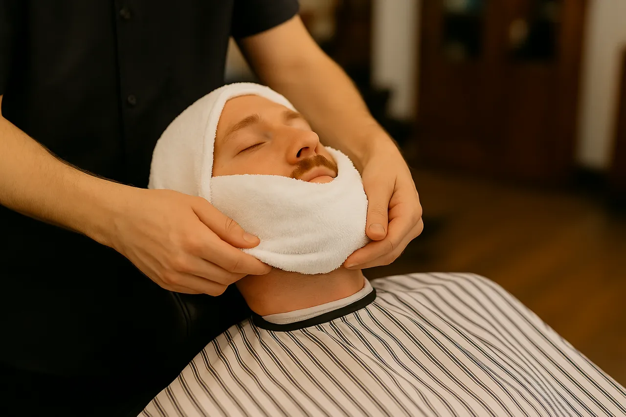 Mężczyzna nakładający ciepły ręcznik na twarz przed goleniem