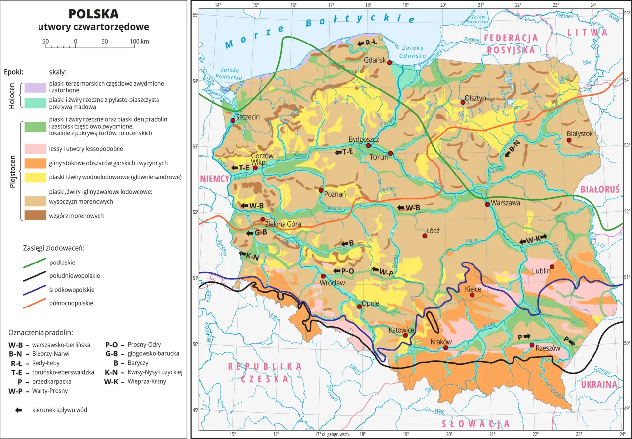 Mapa Polski z utworami czwartorzędowymi. Kolory i symbole wskazują, co to klimat peryglacjalny i jego formy: piaski, gliny, moreny.