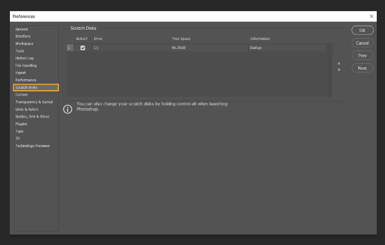 Photoshop scratch disk preferences window