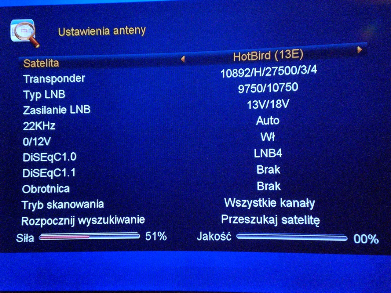 Menu dekodera satelitarnego wyszukiwanie kanałów