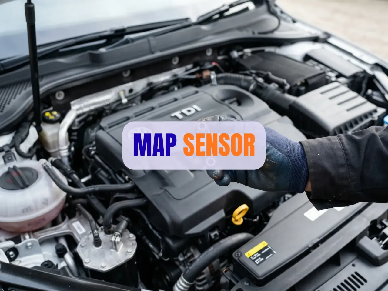 Ręka w rękawiczce wskazuje na silnik samochodu, gdzie znajduje się MAP SENSOR. Ten czujnik mierzy ciśnienie w kolektorze dolotowym, co jest kluczowe dla prawidłowego działania silnika.