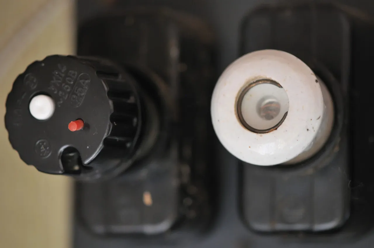 Dwa bezpieczniki, jeden czarny z czerwoną kropką, drugi biały. Dowiedz się, jak włączyć bezpiecznik, aby przywrócić zasilanie.