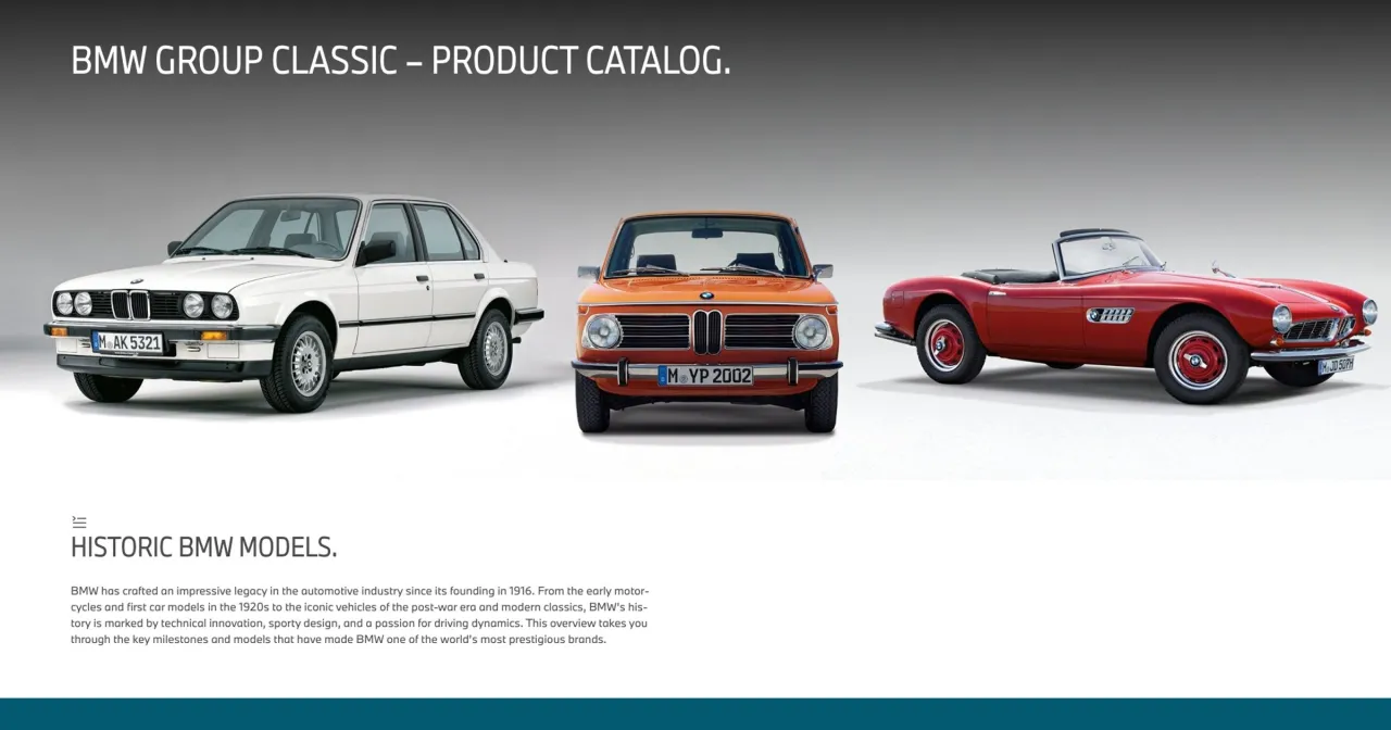 Trzy klasyczne BMW: biały sedan, pomarańczowy coupe i czerwony kabriolet, symbolizujące dziedzictwo BMW M Power.
