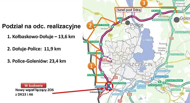 Mapa Zachodniej Obwodnicy Szczecina z podziałem na odcinki