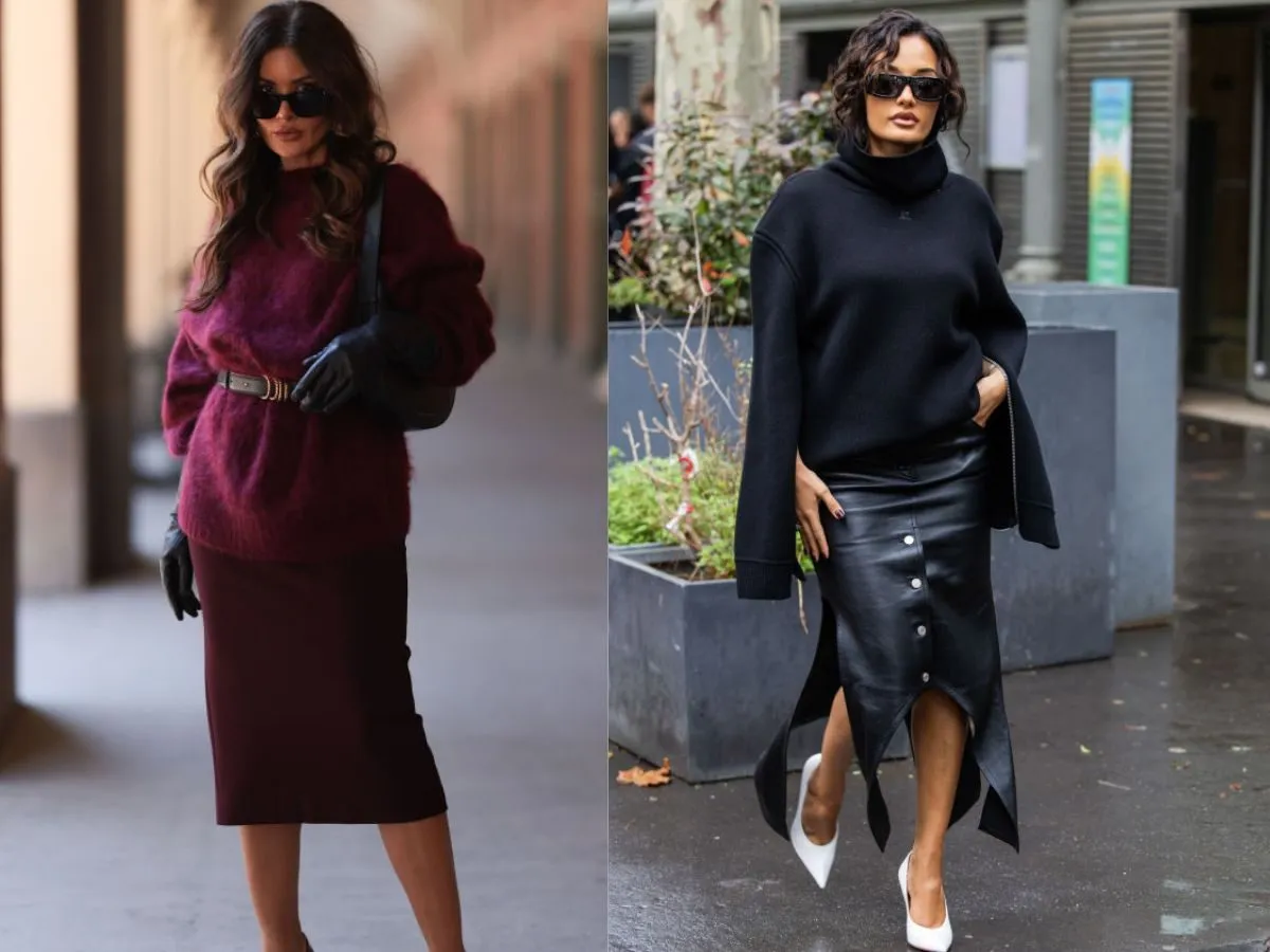 Długa kurtka i długa spódnica stylizacje pasek