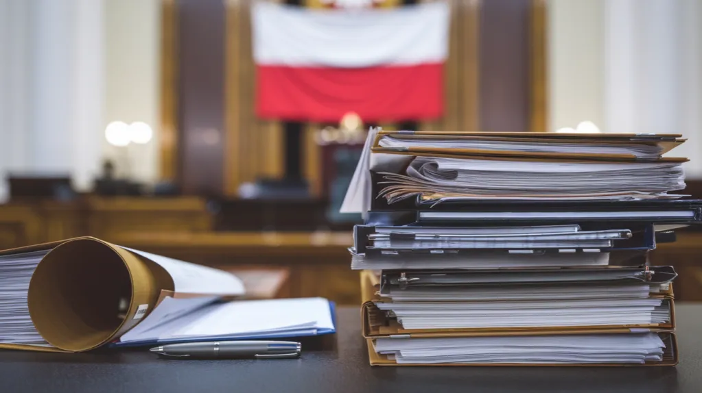 Stos dokumentów, akta sprawy, prawnik przy biurku
