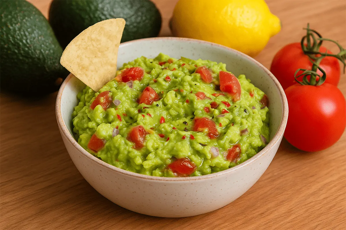 Jak zrobić guacamole z awokado? Miska pełna pysznego guacamole z pomidorami i chipsem. Obok leżą awokado, cytryna i pomidory.