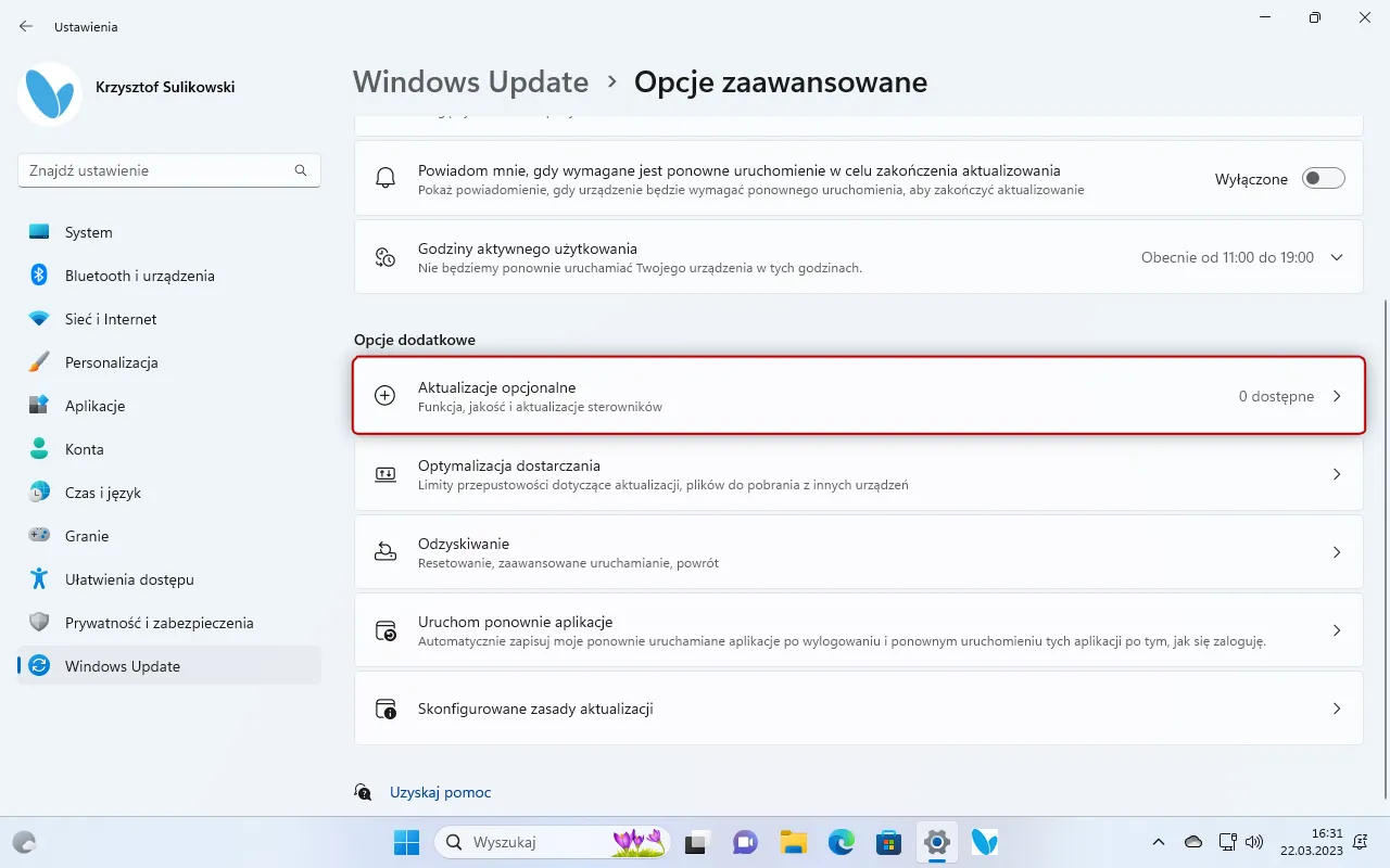 Windows Update interfejs aktualizacje opcjonalne