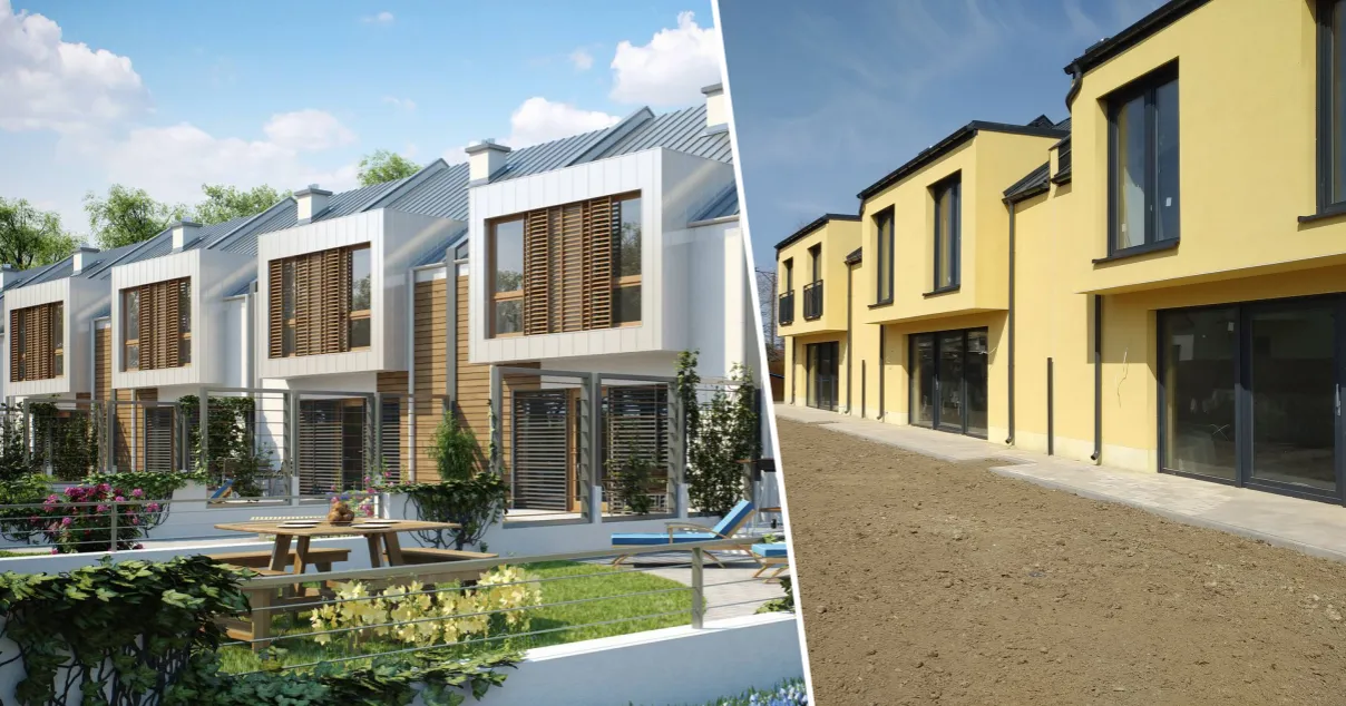 Porównanie wizualizacji deweloperskiej z rzeczywistym zdjęciem osiedla