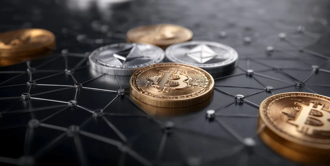 Złote i srebrne monety kryptowalut, w tym Bitcoin i Ethereum, na tle sieci. Ile na start? To pytanie zadaje sobie wielu inwestorów.
